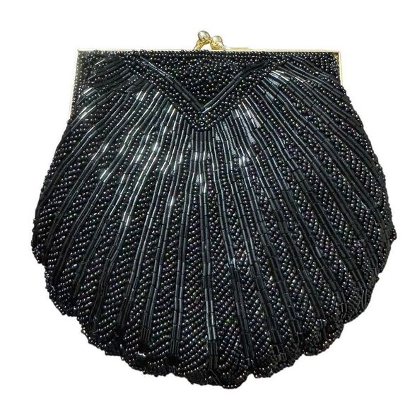 Carla Marchi Black Beaded Clamshell Clutch Handbag Evening Bag Vintage - Picture 8 of 8